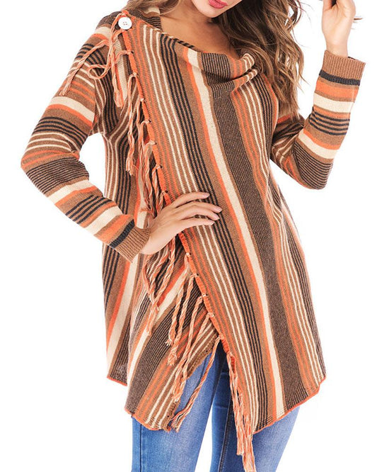Tassel Decor Striped Print Long Sleeve Cardigan