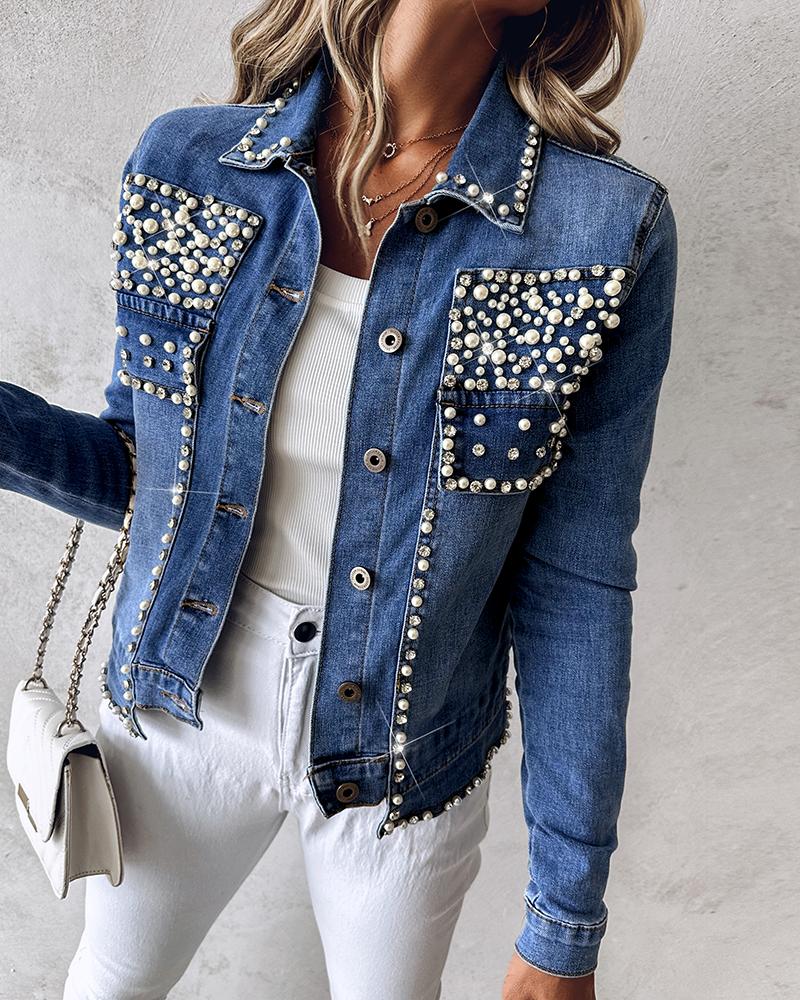 Rhinestone Pearl Decor Denim Jacket