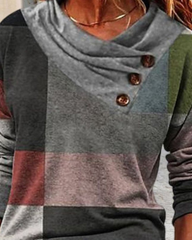 Geometric Print Ruched Buttoned Long Sleeve Top