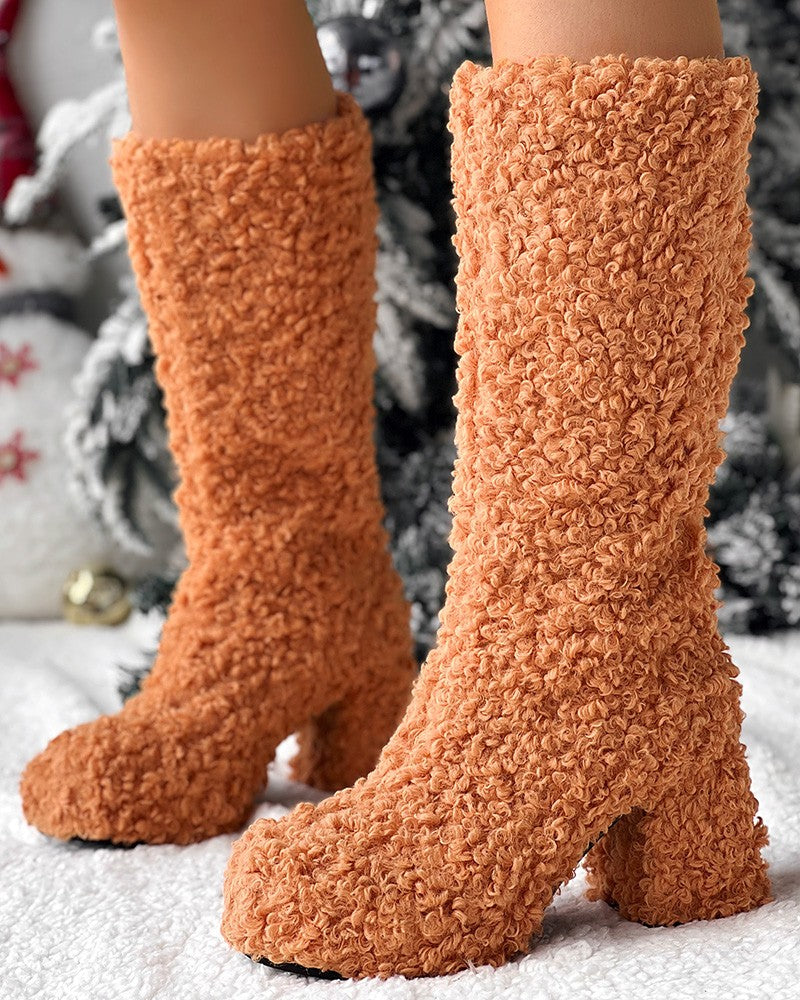 Chunky Heel Calf Teddy Boots