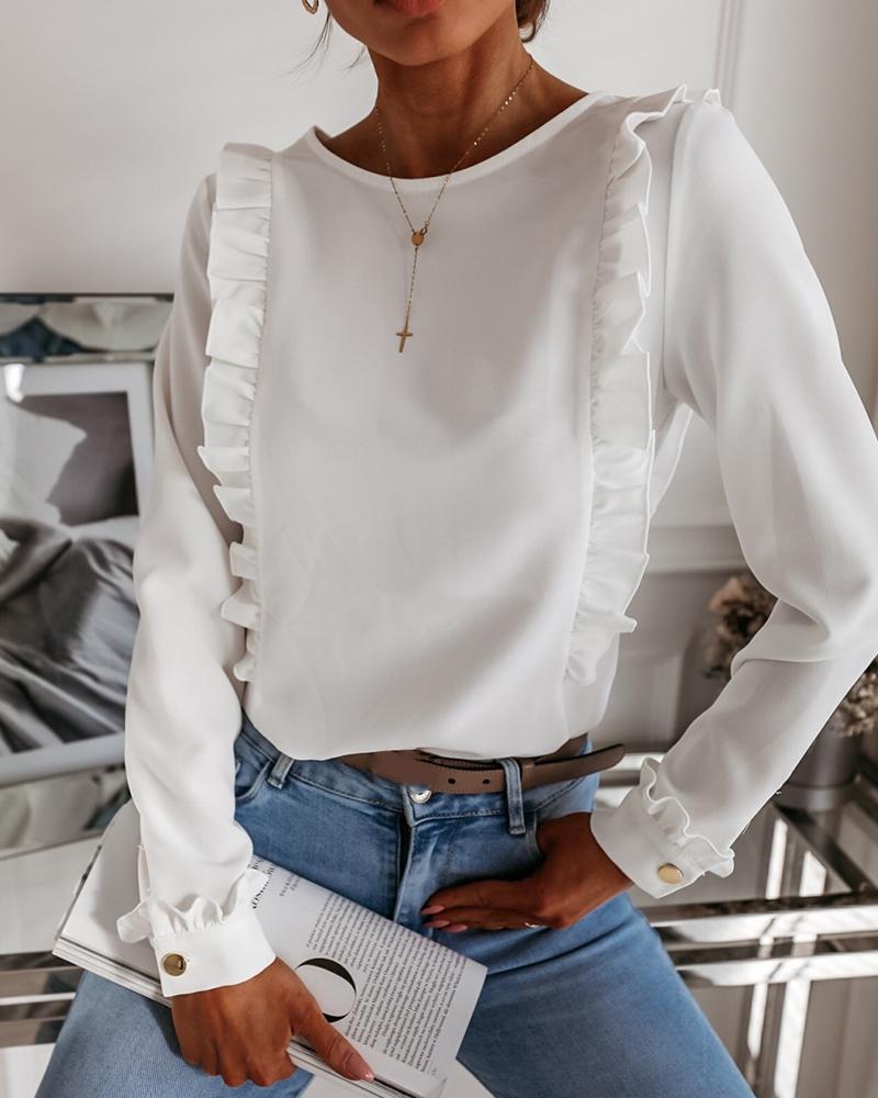 Button Design Frill Hem Long Sleeve Blouse