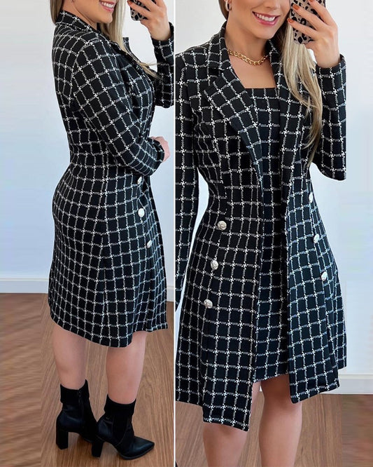 Plaid Print Notched Collar Double Breasted Longline Coat
