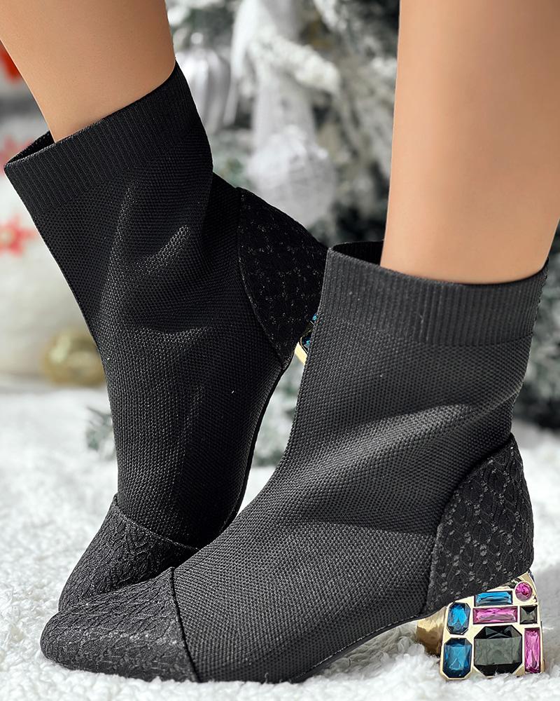 Lace Patch Rhinestone Chunky Heel Vintage Ankle Boots