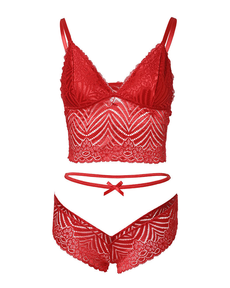 Contrast Paneled Bowknot Decor Lace Christmas Lingerie Set