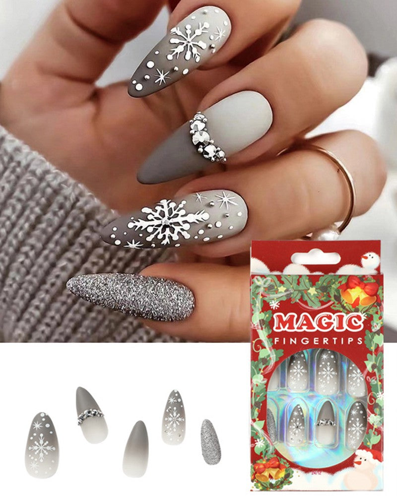 24pcs Ombre Snowflake Design Glitter Rhinestone Matte Press on Stiletto Almond False Nails Set