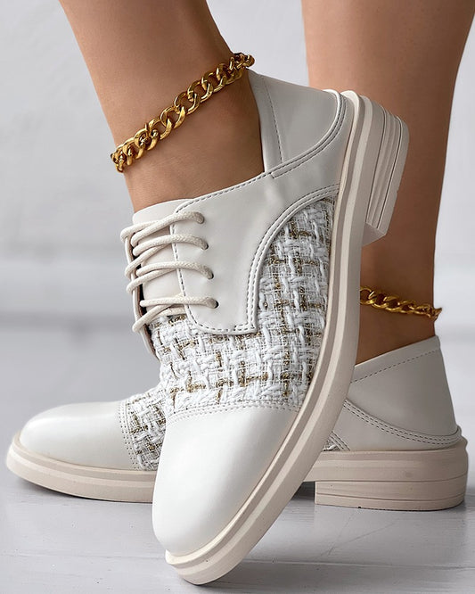 Tweed Patch Lace up Chunky Loafers