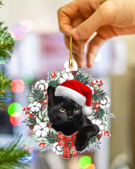 1pc Black Cat Wreath Acrylic Xmas Ornament Christmas Tree Hanging Decoration