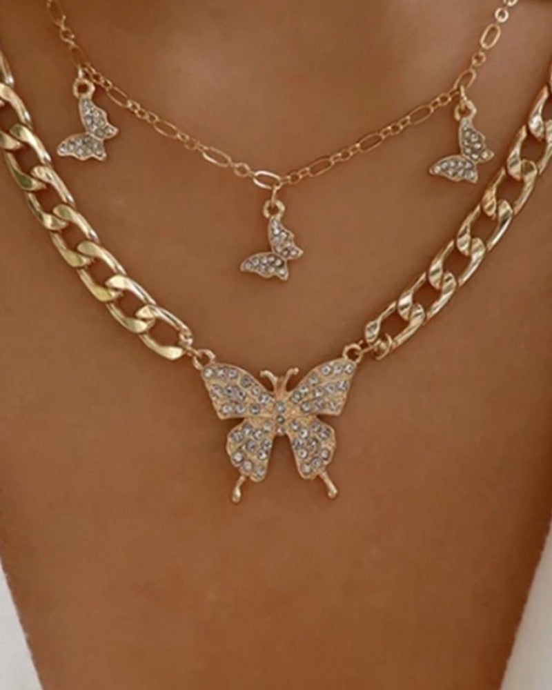 Multilayer Rhinestone Butterfly Pendant Chain Necklace