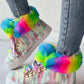 Rainbow Colorblock Fuzzy Detail Lined Ankle Boots