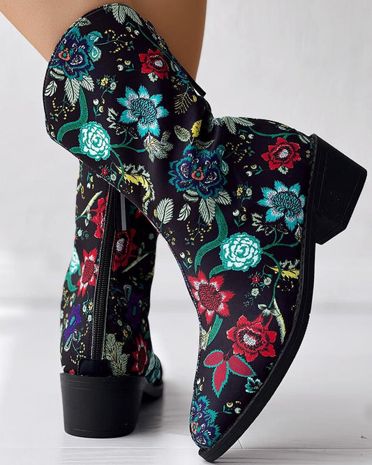 Vintage Floral Pattern Zipper Back Ankle Boots