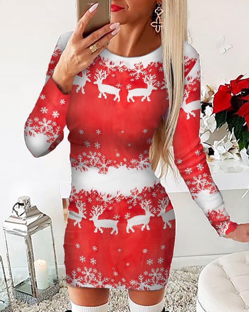 Christmas Reindeer Snowflake Print Long Sleeve Dress