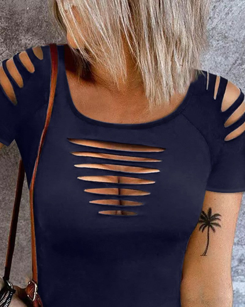 Ladder Cutout Round Neck Casual T shirt