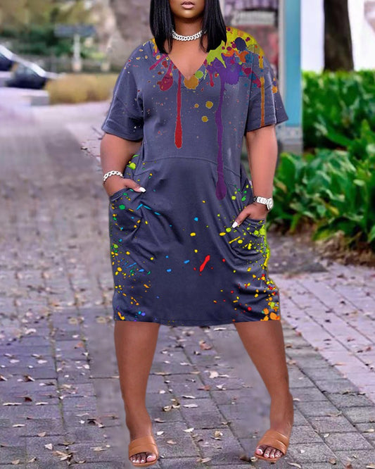 Ink Splash Print Short Sleeve Pocket Design Casual Dress