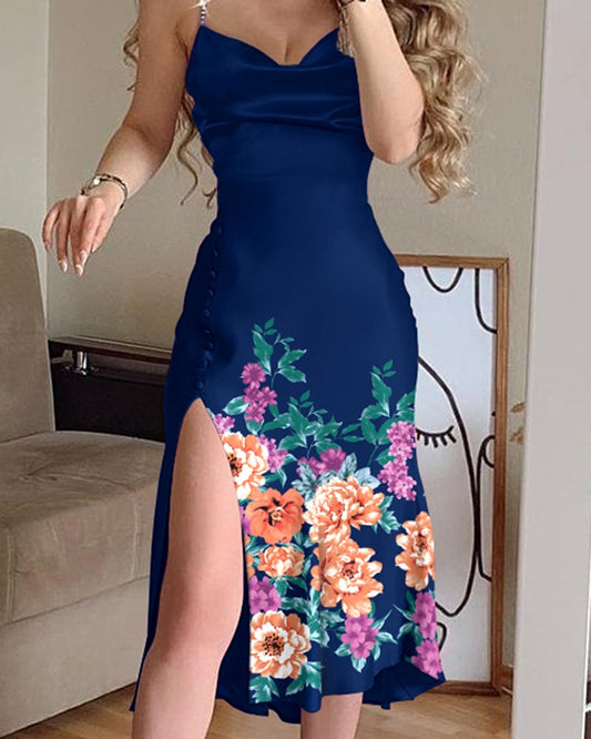 Cowl Neck Split Thigh Floral Print Dress