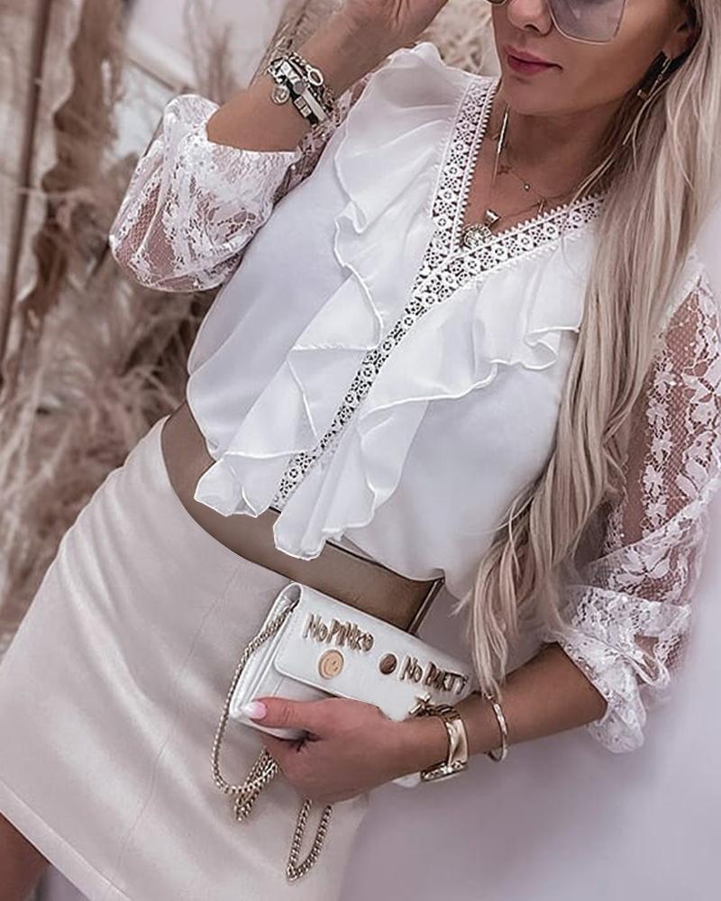Contrast Lace Long Sleeve Ruffle Hem Top