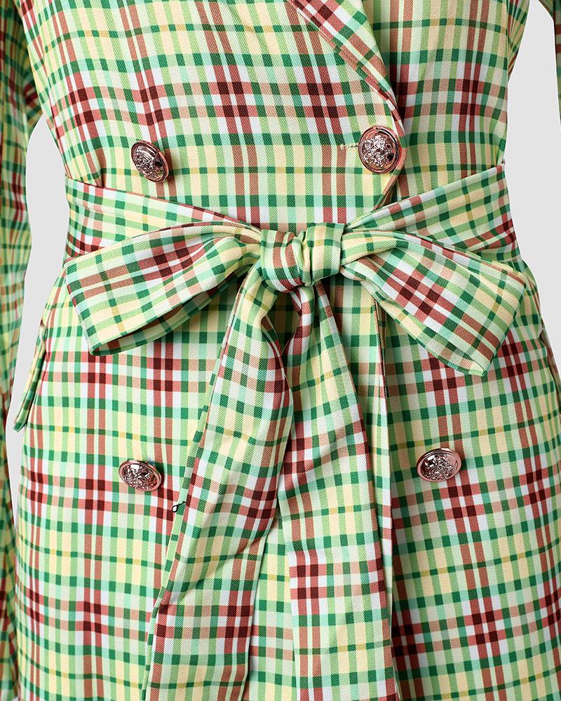 Plaid Print Buttoned Tied Detail Blazer Coat