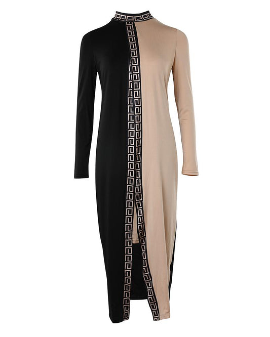 Geo Tape Patch Colorblock Slit Asymmetrical Casual Dress