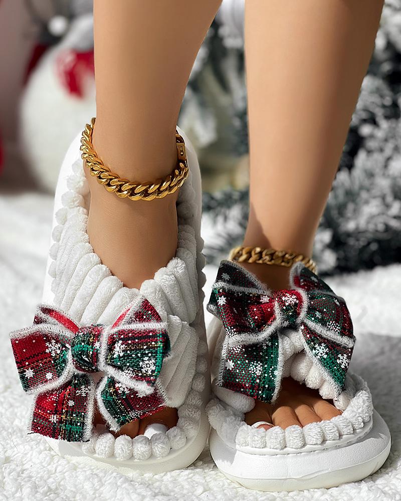 Christmas Plaid Bowknot Design Non Slip Fuzzy Winter Slippers