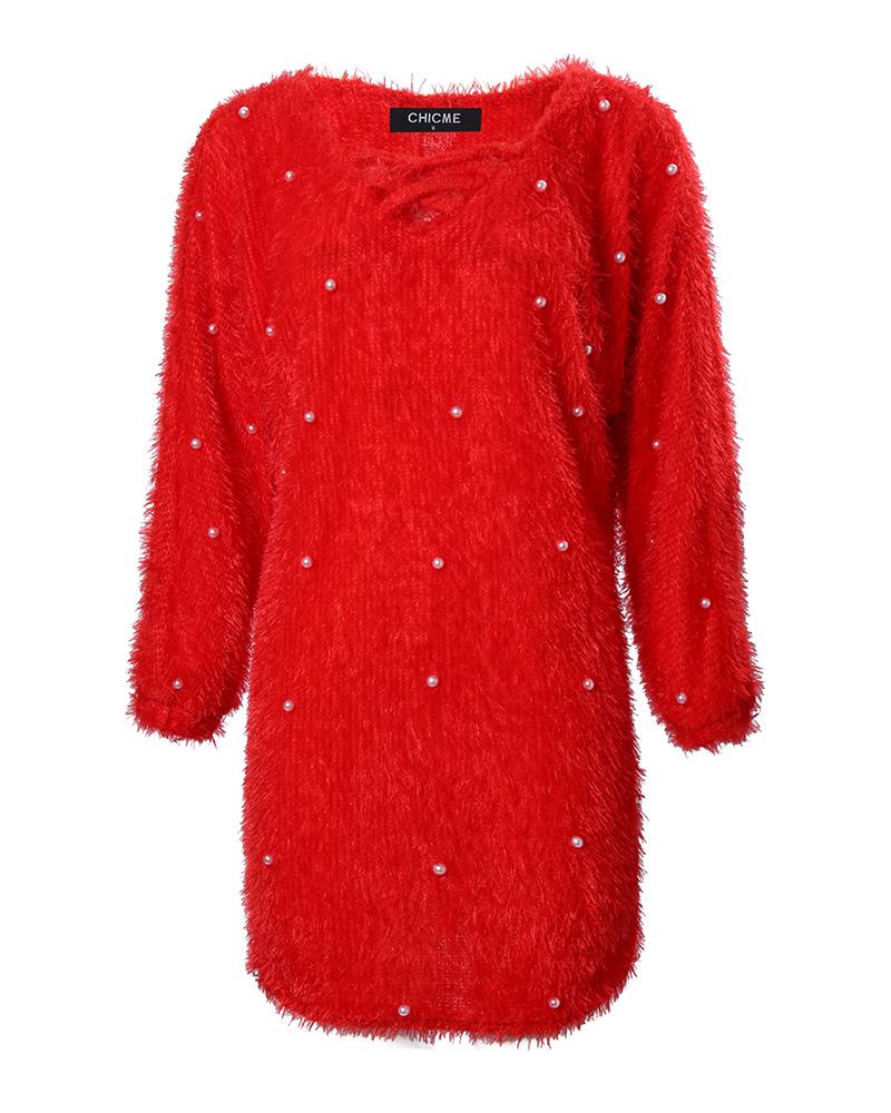 Beaded Decor V Neck Fluffy Casual Dress