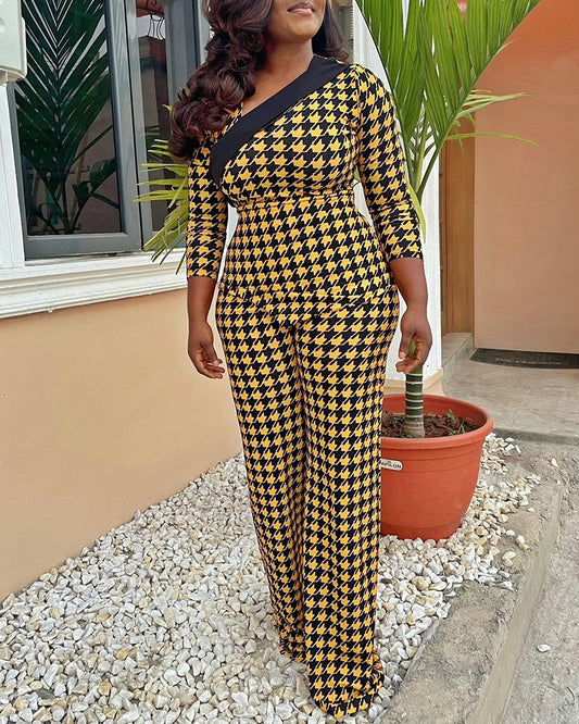 Asymmetrical Houndstooth Print Skinny Jumpsuit