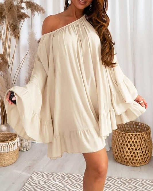 Bell Sleeve Ruffle Hem Casual Swing Dress