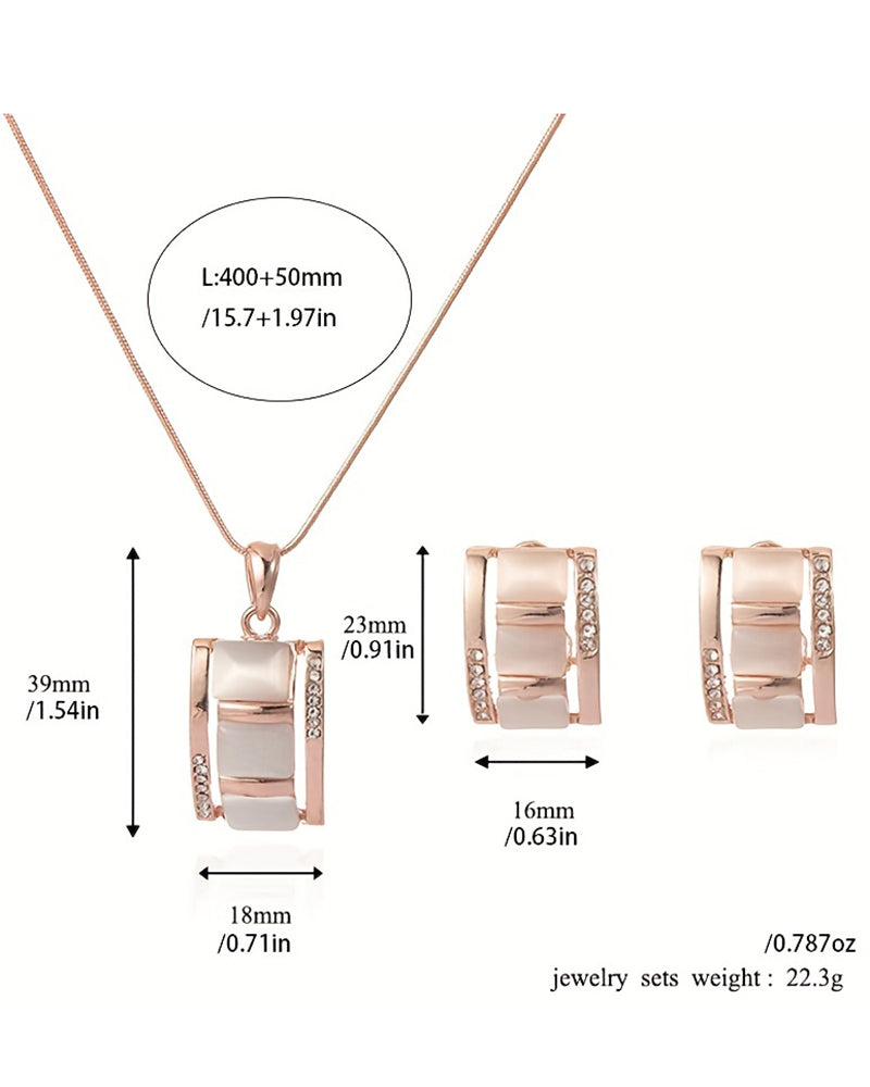 2PCS Square Opal Trendy Pendant Necklace & Earrings Jewelry Set