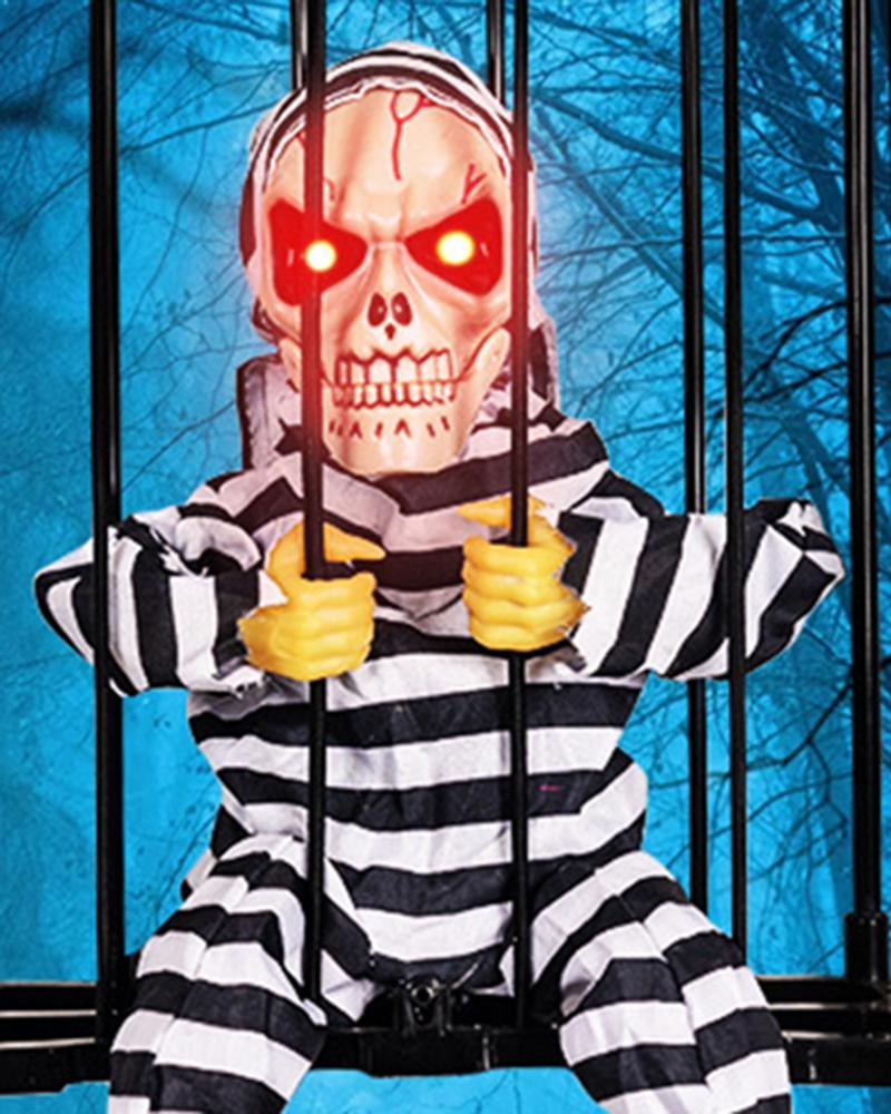 1pc Halloween Scary Screaming Skull Cage Prisoner Battery Operated Haning Decoration With Light up Eyes
