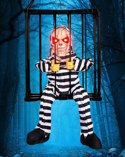 1pc Halloween Scary Screaming Skull Cage Prisoner Battery Operated Haning Decoration With Light up Eyes
