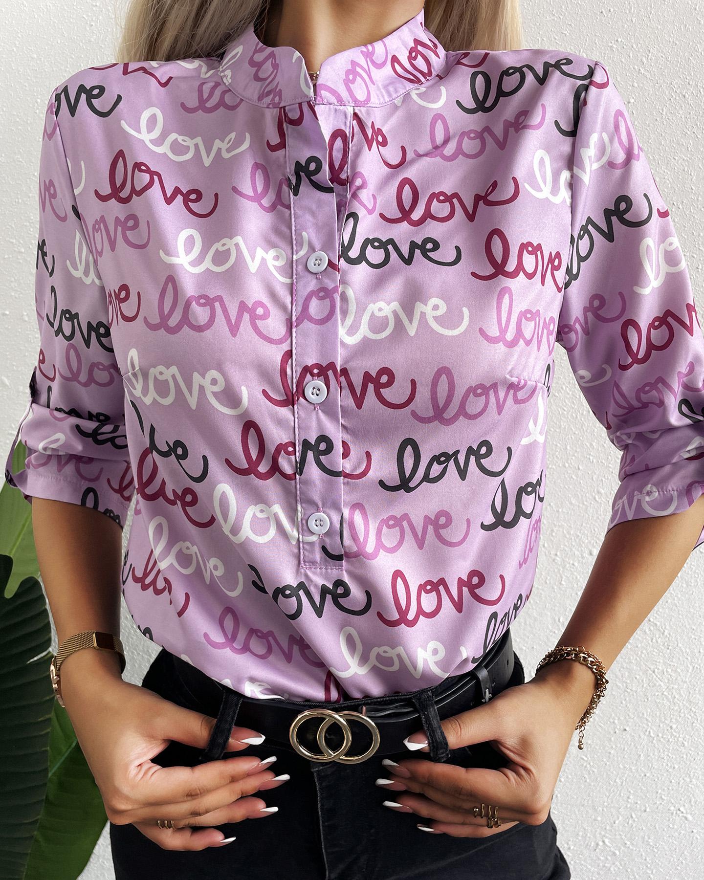 Letter Print Button Front Casual Shirt