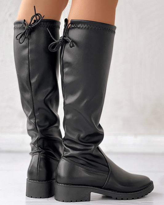 Tied Detail Back Chunky Heel Ruched Boots