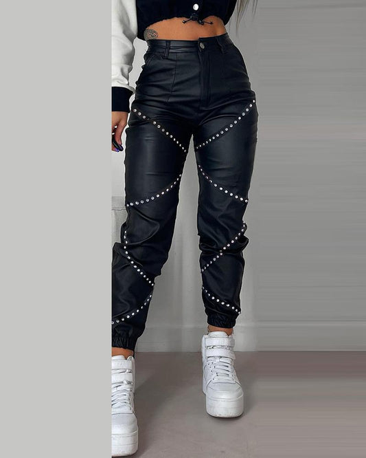Studded Tape Patch Cuffed PU Leather Pants