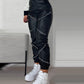 Studded Tape Patch Cuffed PU Leather Pants