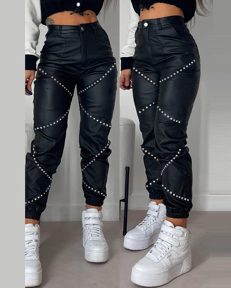 Studded Tape Patch Cuffed PU Leather Pants