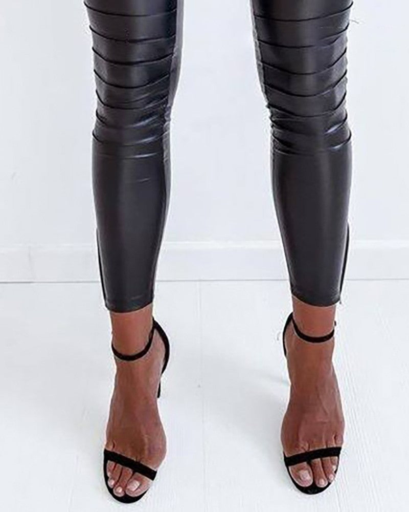 Plain Pocket Design Ruched Skinny Pants