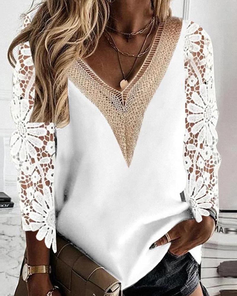 Crochet Lace Patch V Neck Top