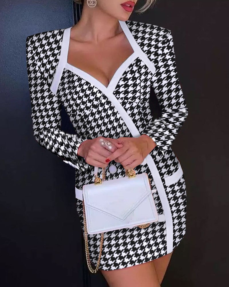 Houndstooth Button Decor Padded Shoulder Blazer Dress