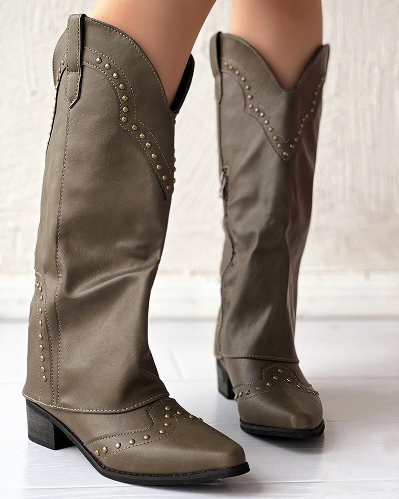 Zipper Design Studded Chunky Cowboy Boots