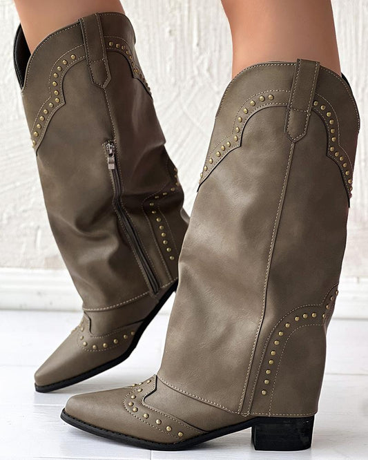 Zipper Design Studded Chunky Cowboy Boots