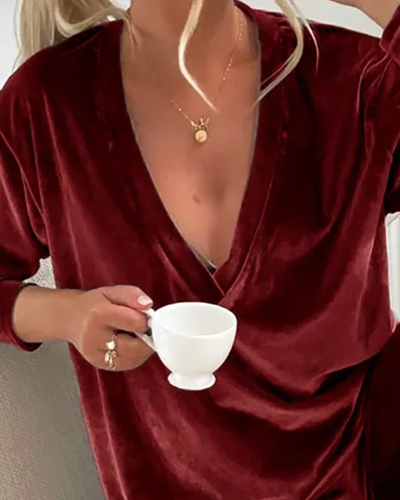 Velvet Deep V Neck Top & Pants Set
