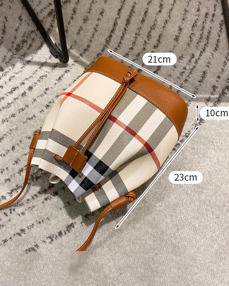 Plaid Print Drawstring Bucket Bag