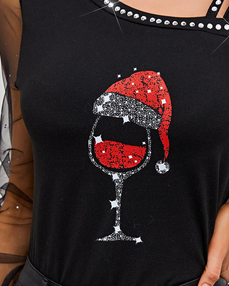 Christmas Wine Glass Print Contrast Mesh Cold Shoulder Top