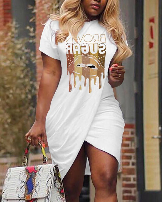 Lip Brown Sugar Print Overlap Wrap Casual Dress