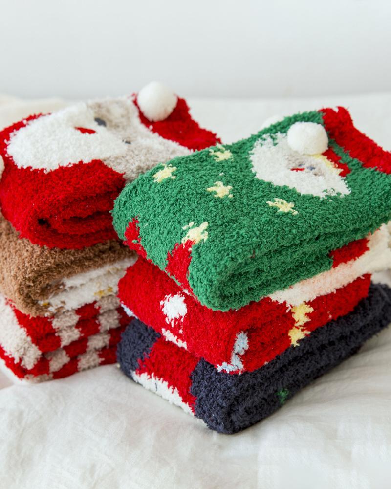 1Pair Christmas Santa Colorblcok Fuzzy Thermal Socks