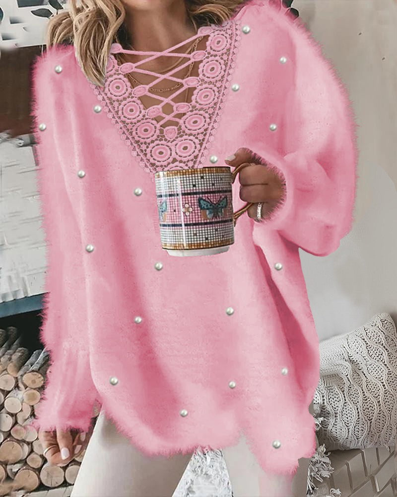 Pearls Decor Lace Patch Criss Cross Casual Top