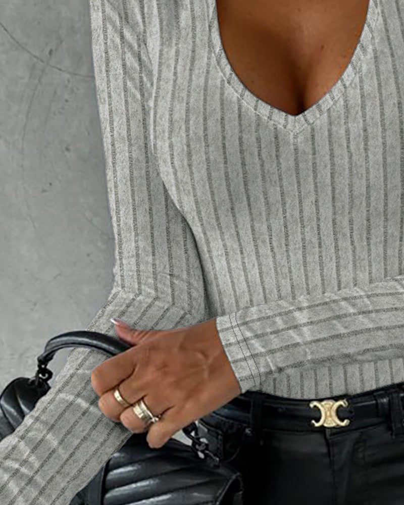 V Neck Long Sleeve Ribbed Top
