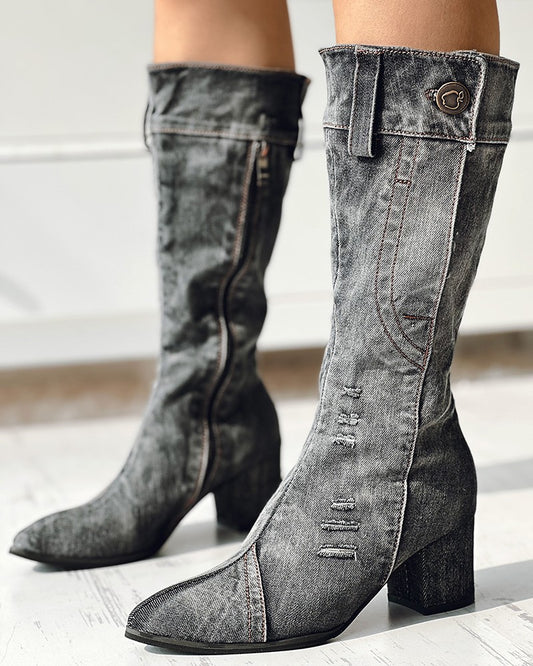 Denim Side Zipper Chunky Boots
