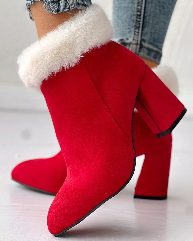 Fuzzy Detail Chunky Heel Ankle Boots