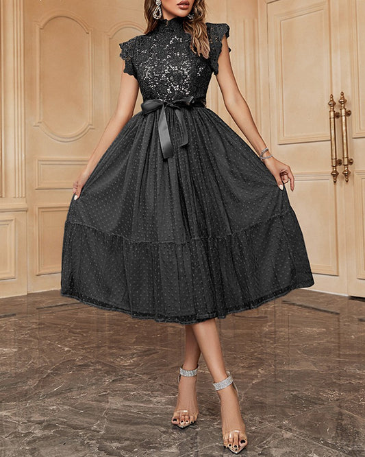 Crochet Lace High Neck Dot Mesh Casual Dress