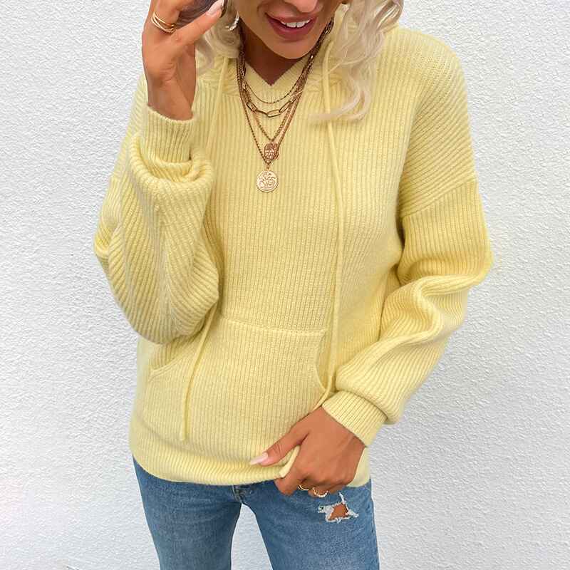yellow-Women_s-Long-Sleeve-Solid-Color-Pullover-Wool-Hooded-Sweatshirt-Top