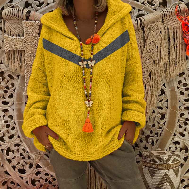 yellow-Womens-Striped-Color-Block-Hoodies-Fashion-V-Neck-Knit-Sweater-Pullovers-K061